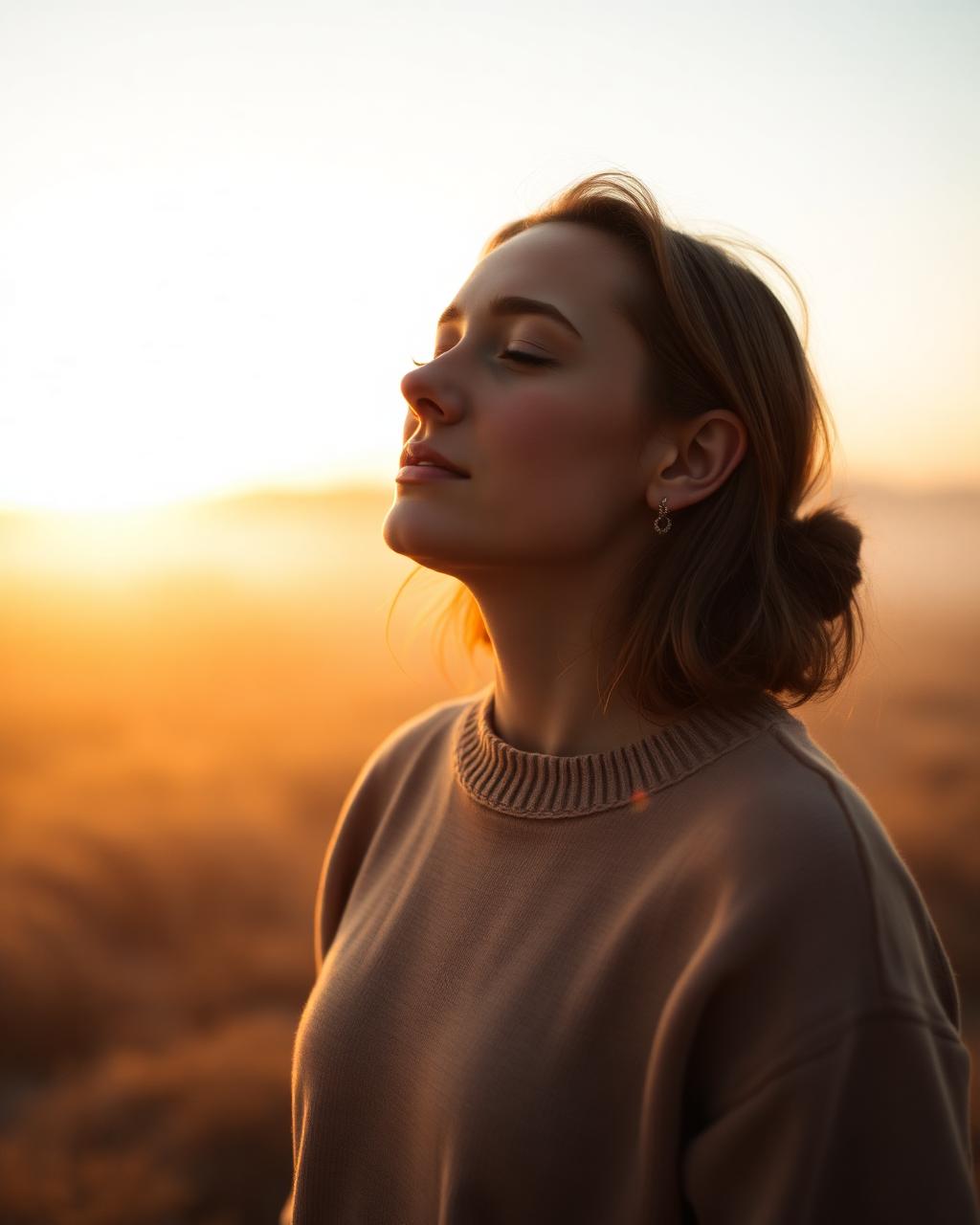 A person breathing deeply outdoors at sunrise